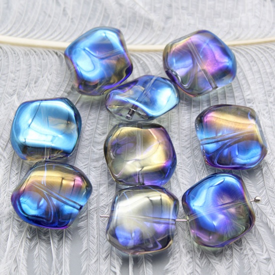 Picture of Lampwork Glass Czech Beads Irregular Blue AB Rainbow Color About 19mm x 17mm, Hole: Approx 1.2mm, 10 PCs