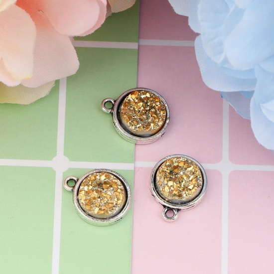 Picture of Zinc Based Alloy & Resin Druzy/ Drusy Charms Round Antique Silver Golden AB Color 18mm( 6/8") x 15mm( 5/8"), 20 PCs