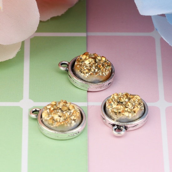 Picture of Zinc Based Alloy & Resin Druzy/ Drusy Charms Round Antique Silver Golden AB Color 18mm( 6/8") x 15mm( 5/8"), 20 PCs