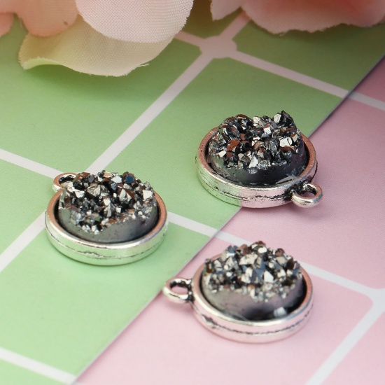 Picture of Zinc Based Alloy & Resin Druzy/ Drusy Charms Round Antique Silver Black 18mm( 6/8") x 15mm( 5/8"), 20 PCs