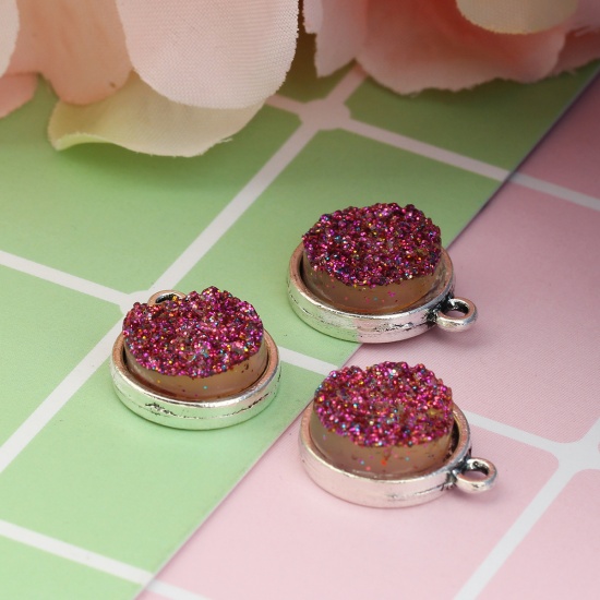 Picture of Zinc Based Alloy & Resin Druzy/ Drusy Charms Round Antique Silver Purple Glitter 18mm( 6/8") x 15mm( 5/8"), 20 PCs