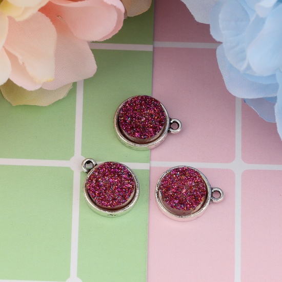 Picture of Zinc Based Alloy & Resin Druzy/ Drusy Charms Round Antique Silver Purple Glitter 18mm( 6/8") x 15mm( 5/8"), 20 PCs