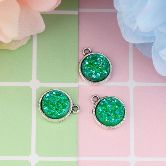 Picture of Zinc Based Alloy & Resin Druzy/ Drusy Charms Round Antique Silver Green AB Color 18mm( 6/8") x 15mm( 5/8"), 20 PCs