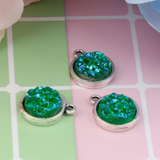 Picture of Zinc Based Alloy & Resin Druzy/ Drusy Charms Round Antique Silver Green AB Color 18mm( 6/8") x 15mm( 5/8"), 20 PCs