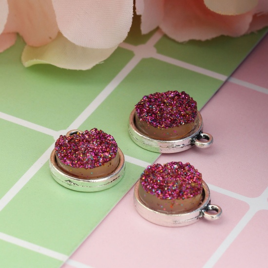 Picture of Zinc Based Alloy & Resin Druzy/ Drusy Charms Round Antique Silver Fuchsia Glitter 18mm( 6/8") x 15mm( 5/8"), 20 PCs