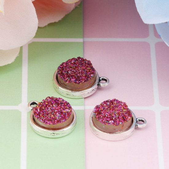 Picture of Zinc Based Alloy & Resin Druzy/ Drusy Charms Round Antique Silver Fuchsia Glitter 18mm( 6/8") x 15mm( 5/8"), 20 PCs