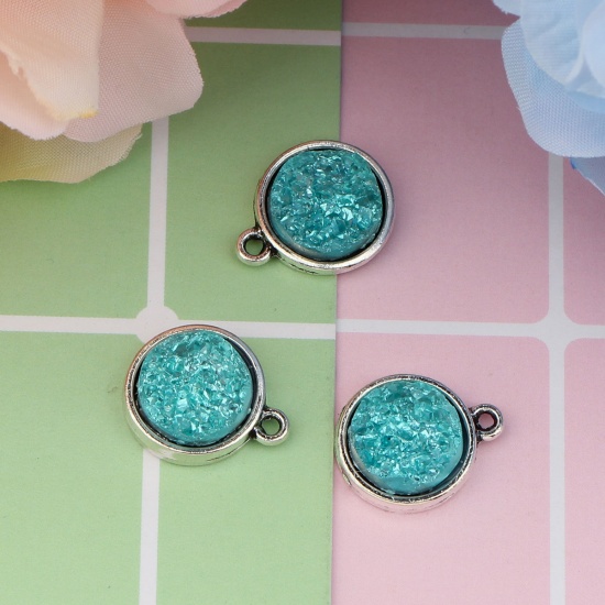 Picture of Zinc Based Alloy & Resin Druzy/ Drusy Charms Round Antique Silver Mint Green 18mm( 6/8") x 15mm( 5/8"), 20 PCs