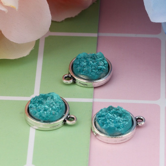 Picture of Zinc Based Alloy & Resin Druzy/ Drusy Charms Round Antique Silver Mint Green 18mm( 6/8") x 15mm( 5/8"), 20 PCs