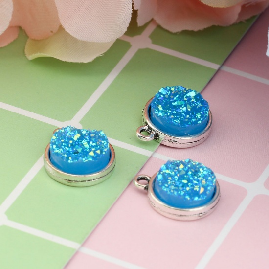 Picture of Zinc Based Alloy & Resin Druzy/ Drusy Charms Round Antique Silver Blue AB Color 18mm( 6/8") x 15mm( 5/8"), 20 PCs