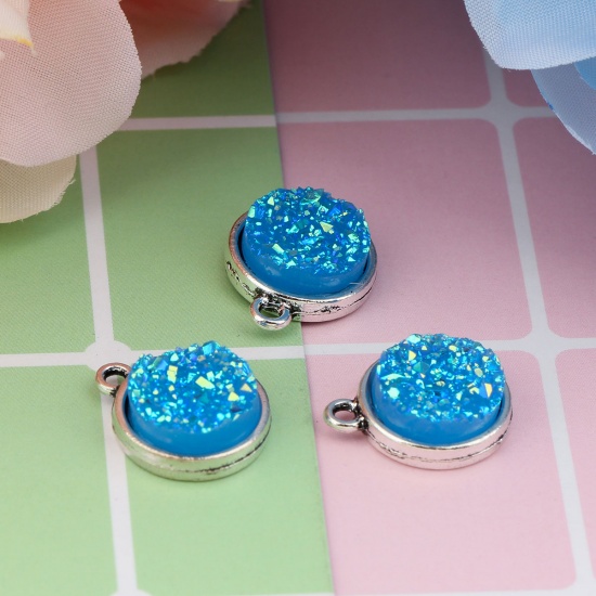 Picture of Zinc Based Alloy & Resin Druzy/ Drusy Charms Round Antique Silver Blue AB Color 18mm( 6/8") x 15mm( 5/8"), 20 PCs