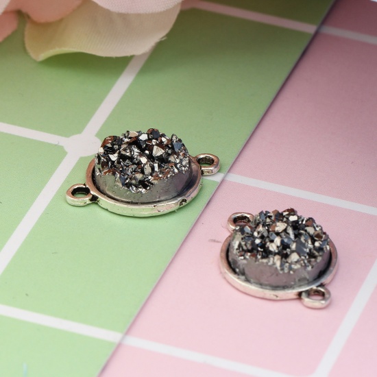 Picture of Zinc Based Alloy & Resin Druzy/ Drusy Connectors Round Antique Silver Black 20mm x 14mm, 25 PCs