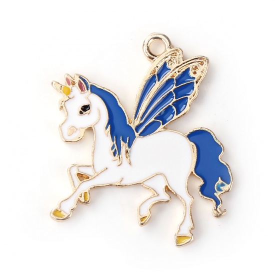 Изображение Цинковый Сплав Подвески Лошадь Позолоченный Белый & Синий С Эмалью 33мм x 31.0мм, 5 ШТ