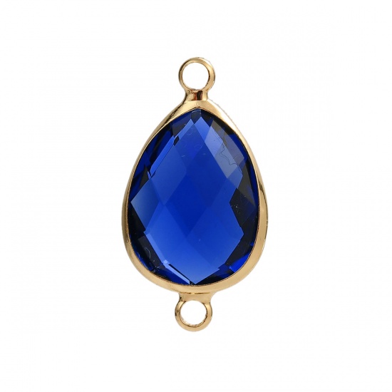Picture of Zinc Based Alloy & Glass September Birthstone Connectors Drop Gold Plated Royal Blue Faceted 26mm x 14mm, 5 PCs