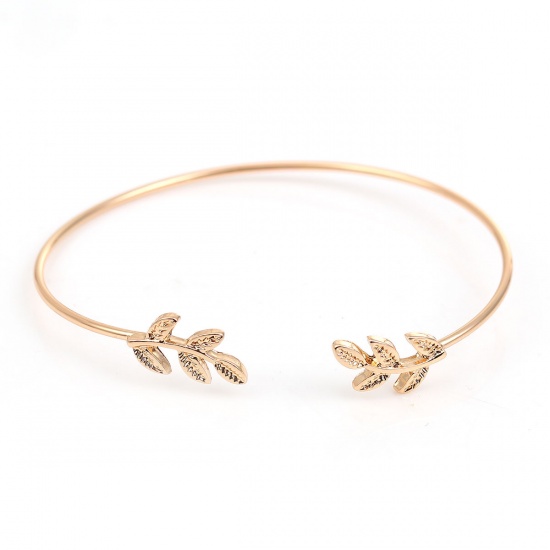 Picture of Copper Open Cuff Bangles Bracelets Gold Plated Leaf 17cm(6 6/8"), 1 Piece