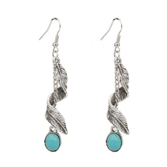 Picture of Boho Chic Earrings Antique Silver Blue Leaf Imitation Turquoise 75mm(3") x 18mm( 6/8"), Post/ Wire Size: (21 gauge), 1 Pair
