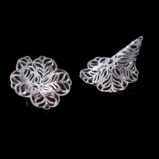 Picture of Brass Beads Caps Morning Glory Flower Silver Plated (Fit Beads Size: 18mm Dia.) 28mm(1 1/8") x 24mm(1"), 10 PCs