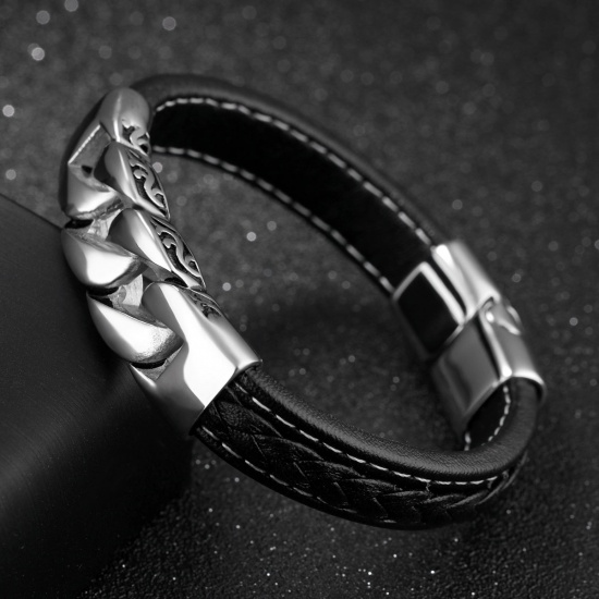 Picture of 316L Cowhide Leather Men Bangles Bracelets Silver Tone Black 20cm(7 7/8") long, 1 Piece”