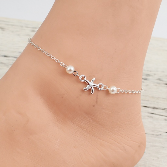 Picture of Anklet Silver Plated White Star Fish Acrylic Imitation Pearl 22cm(8 5/8") long, 1 Piece