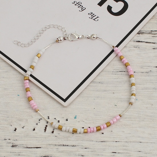 Picture of Acrylic Beaded Anklet Silver Plated White & Pink 23cm(9") long, 1 Piece