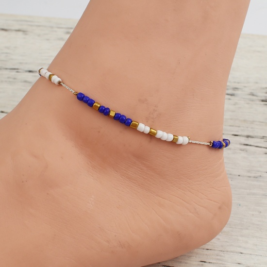 Picture of Acrylic Beaded Anklet Silver Plated Royal Blue 23cm(9") long, 1 Piece