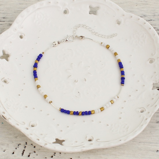 Picture of Acrylic Beaded Anklet Silver Plated Royal Blue 23cm(9") long, 1 Piece