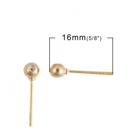 Picture of Brass Ear Post Stud Earrings Findings Round Gold Plated With Adjustable Silicone Core 16mm( 5/8") x 4mm( 1/8"), Post/ Wire Size: (21 gauge), 2 PCs                                                                                                            