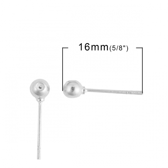 Picture of Brass Ear Post Stud Earrings Findings Round Silver Plated With Adjustable Silicone Core 16mm( 5/8") x 4mm( 1/8"), Post/ Wire Size: (21 gauge), 2 PCs