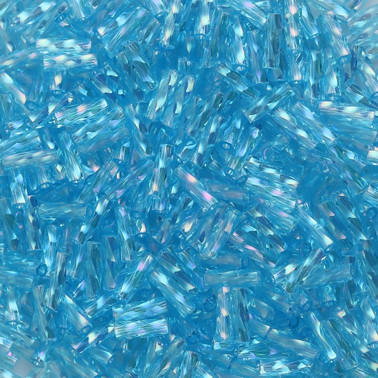 Picture of (Japan Import) Glass Beads Twisted Bugle Blue AB Rainbow Color Transparent About 6mm x 2mm, Hole: Approx 0.8mm, 10 Grams (Approx 33 PCs/Gram)