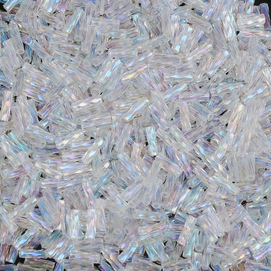 Picture of (Japan Import) Glass Beads Twisted Bugle Transparent Clear AB Rainbow Color About 6mm x 2mm, Hole: Approx 0.8mm, 10 Grams (Approx 33 PCs/Gram)