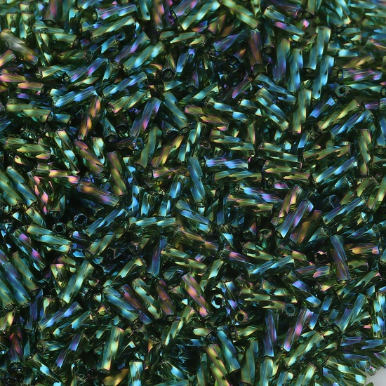 Picture of (Japan Import) Glass Beads Twisted Bugle Green AB Rainbow Color Metallic About 6mm x 2mm, Hole: Approx 0.8mm, 10 Grams (Approx 33 PCs/Gram)
