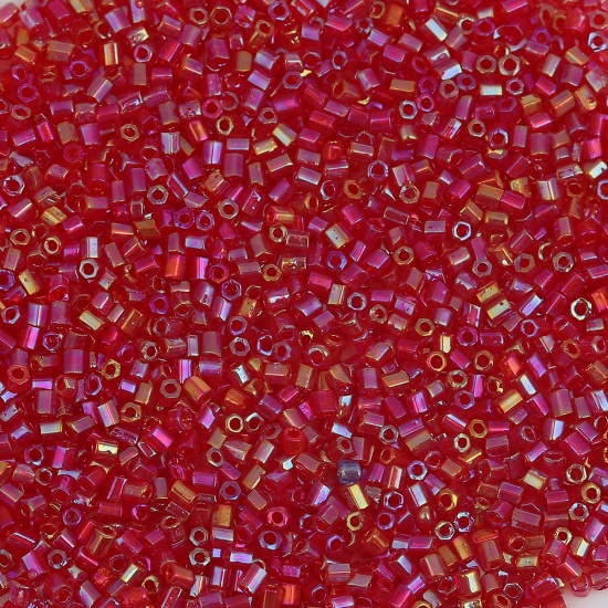 Picture of Glass Seed Beads Hexagon Fuchsia AB Rainbow Color About 2mm x 2mm, Hole: Approx 0.8mm, 50 Grams (Approx 85 PCs/Gram)