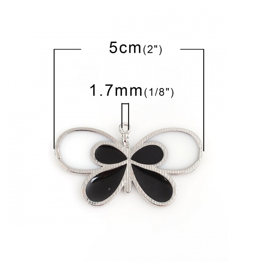 Bild von Zinklegierung Anhänger Schmetterling Silberfarbe Schwarz & Weiß Emaille 50mm x 29mm, 2 Stück