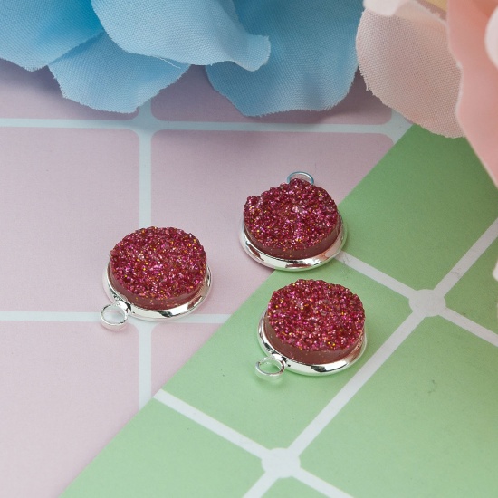 Picture of Copper & Resin Druzy/ Drusy Charms Round Silver Plated Rose Red Glitter 18mm( 6/8") x 14mm( 4/8"), 10 PCs