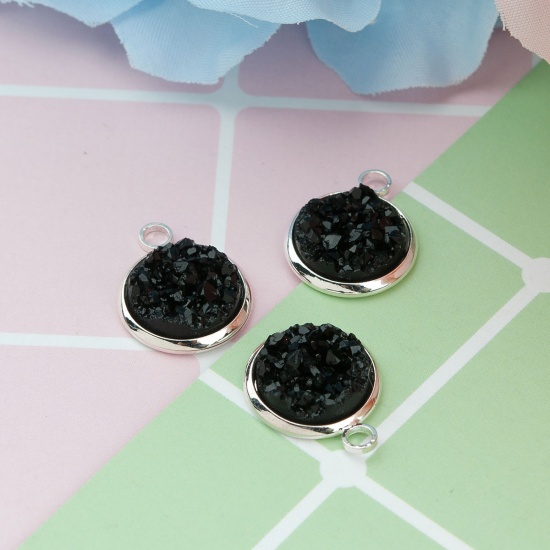 Picture of Brass & Resin Druzy/ Drusy Charms Round Silver Plated Black 18mm( 6/8") x 14mm( 4/8"), 10 PCs                                                                                                                                                                 