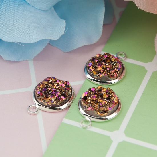 Picture of Brass & Resin Druzy/ Drusy Charms Round Silver Plated Fuchsia AB Color 18mm( 6/8") x 14mm( 4/8"), 10 PCs                                                                                                                                                      