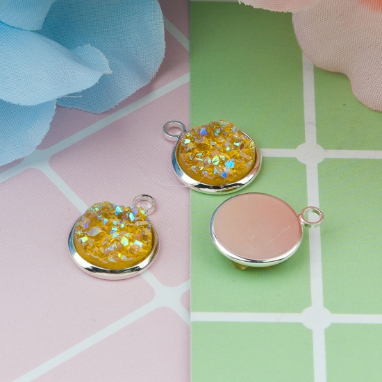 Image de Breloques Druzy en Laiton & Résine Rond Couleur AB Argenté Jaune 18mm x 14mm, 10 Pcs