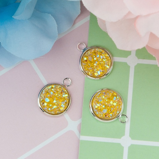 Image de Breloques Druzy en Laiton & Résine Rond Couleur AB Argenté Jaune 18mm x 14mm, 10 Pcs