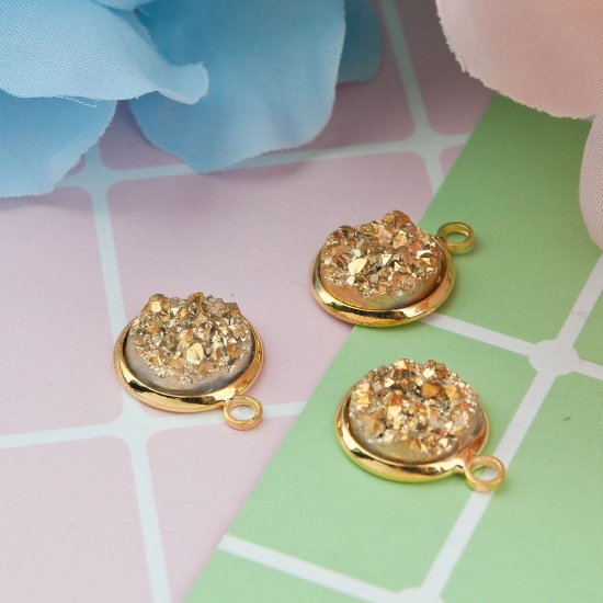 Picture of Brass & Resin Druzy/ Drusy Charms Round Gold Plated Golden AB Color 18mm( 6/8") x 14mm( 4/8"), 10 PCs                                                                                                                                                         