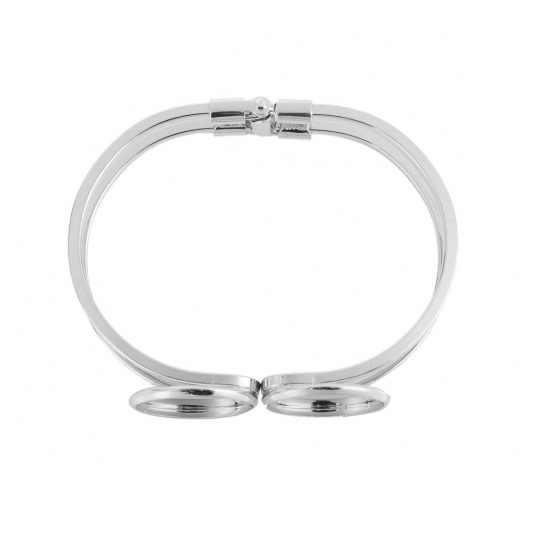 Picture of Brass Bangles Bracelets Round Silver Plated Cabochon Settings (Fits 20mm Dia.) 20cm(7 7/8") long, 1 Piece                                                                                                                                                     