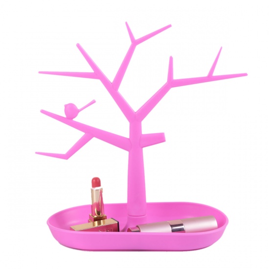 Picture of Plastic Jewelry Displays Tree Pink Bird Pattern 27.5cm(10 7/8") x 27cm(10 5/8"), 1 Piece