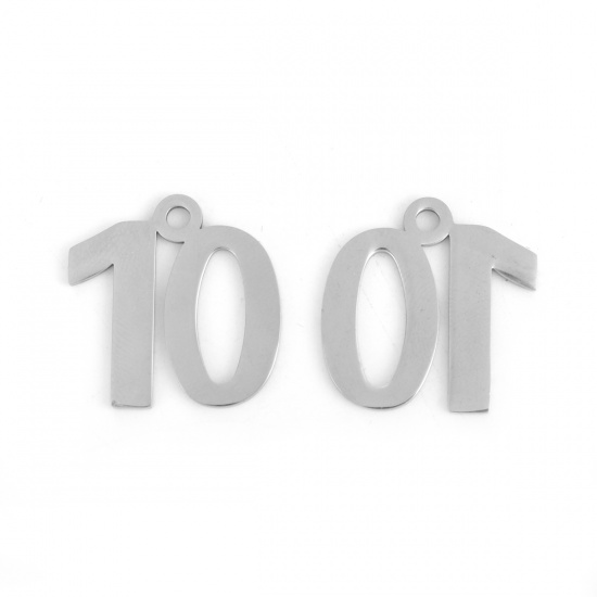 Picture of Stainless Steel Charms Number Silver Tone Messag " 10 " 21mm( 7/8") x 21mm( 7/8"), 5 PCs