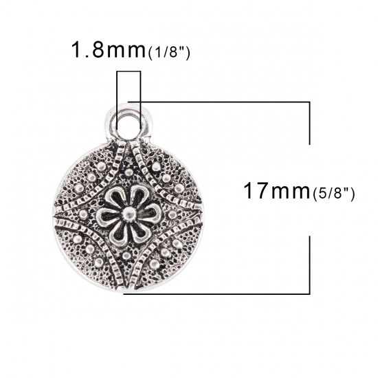Picture of Zinc Based Alloy Charms Round Antique Silver Color Flower 17mm( 5/8") x 13mm( 4/8"), 30 PCs