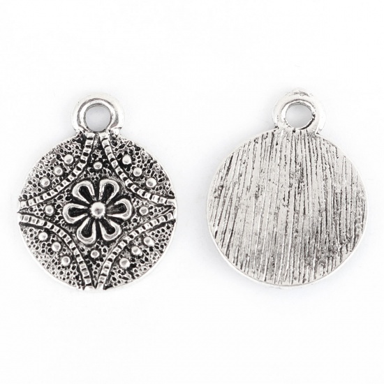 Picture of Zinc Based Alloy Charms Round Antique Silver Color Flower 17mm( 5/8") x 13mm( 4/8"), 30 PCs