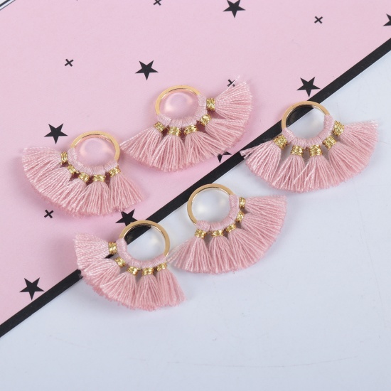 Picture of Cotton Charms Tassel Circle Ring Gold Plated Dark Pink About 28mm(1 1/8") x 19mm( 6/8"), 5 PCs