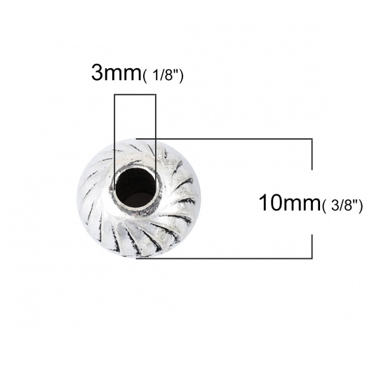 Picture of Zinc Based Alloy Spacer Beads Round Antique Silver Stripe About 10mm Dia., Hole: Approx 3mm, 30 PCs