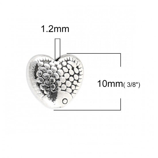 Изображение Цинковый Сплав Бусины Сердце Античное Серебро 10мм x 9мм, Отверстие:примерно 1.2мм, 50 ШТ