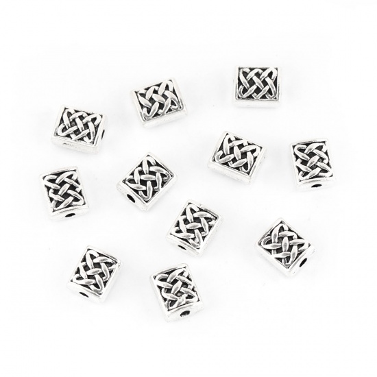 Image de Perles en Alliage de Zinc Rectangle Argent Vieilli Nœuds Celtique Gravé 7mm x 6mm, Trou: 1.3mm, 200 Pcs