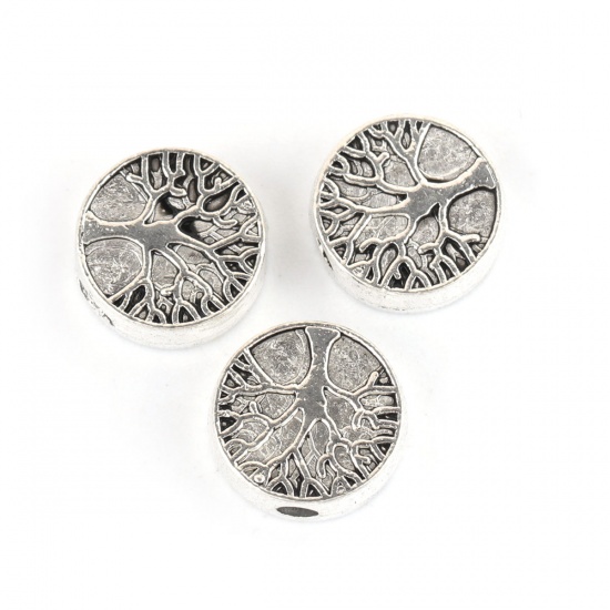 Picture of Zinc Based Alloy Spacer Beads Round Antique Silver Tree About 9mm Dia, Hole: Approx 1.8mm, 50 PCs