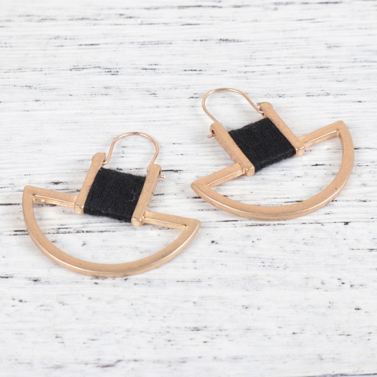 Picture of Cotton Hoop Earrings Gold Plated Black Irregular 42mm(1 5/8") x 39mm(1 4/8"), Post/ Wire Size: (21 gauge), 1 Pair