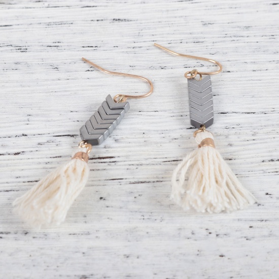 Picture of Earrings Gold Plated Silver-gray Tassel Arrowhead 58mm(2 2/8"), Post/ Wire Size: (21 gauge), 1 Pair